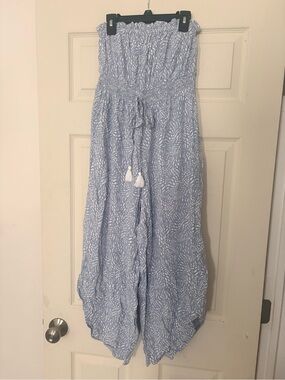 Japna Light Blue & White Strapless Jumpsuit with Tassel Tie